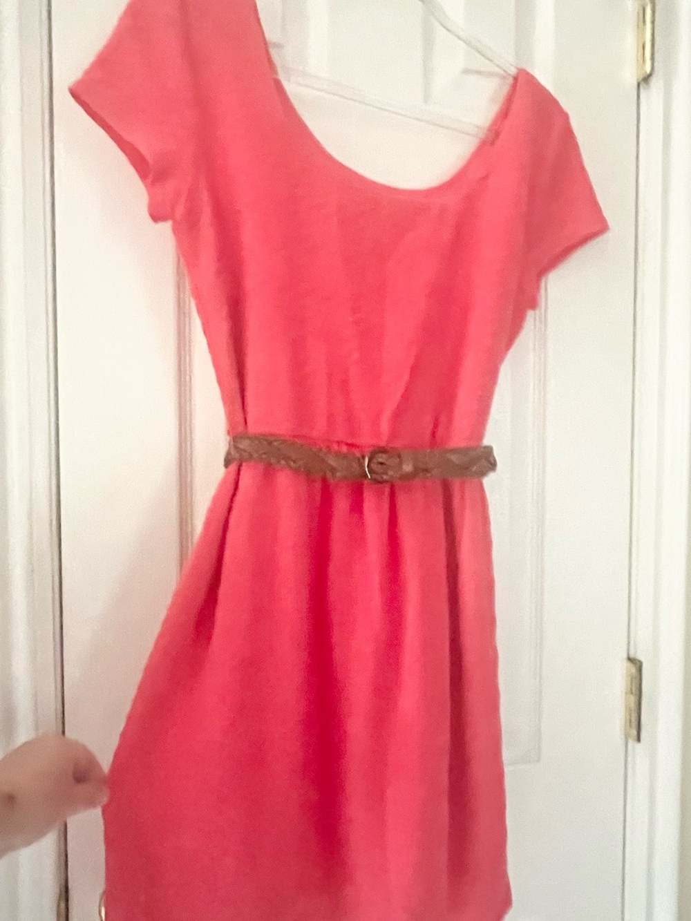 Lily Rose Coral Scoop-Neck Mini Dress - Size L - Short Sleeves